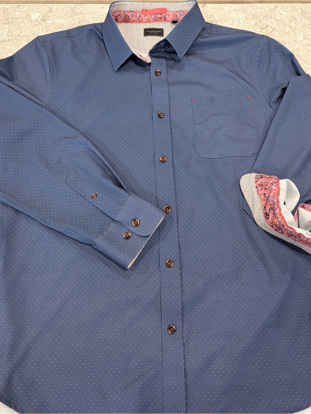 7 Diamonds Navy Blue Microdot Dress Shirt with Contrast Trim-Large